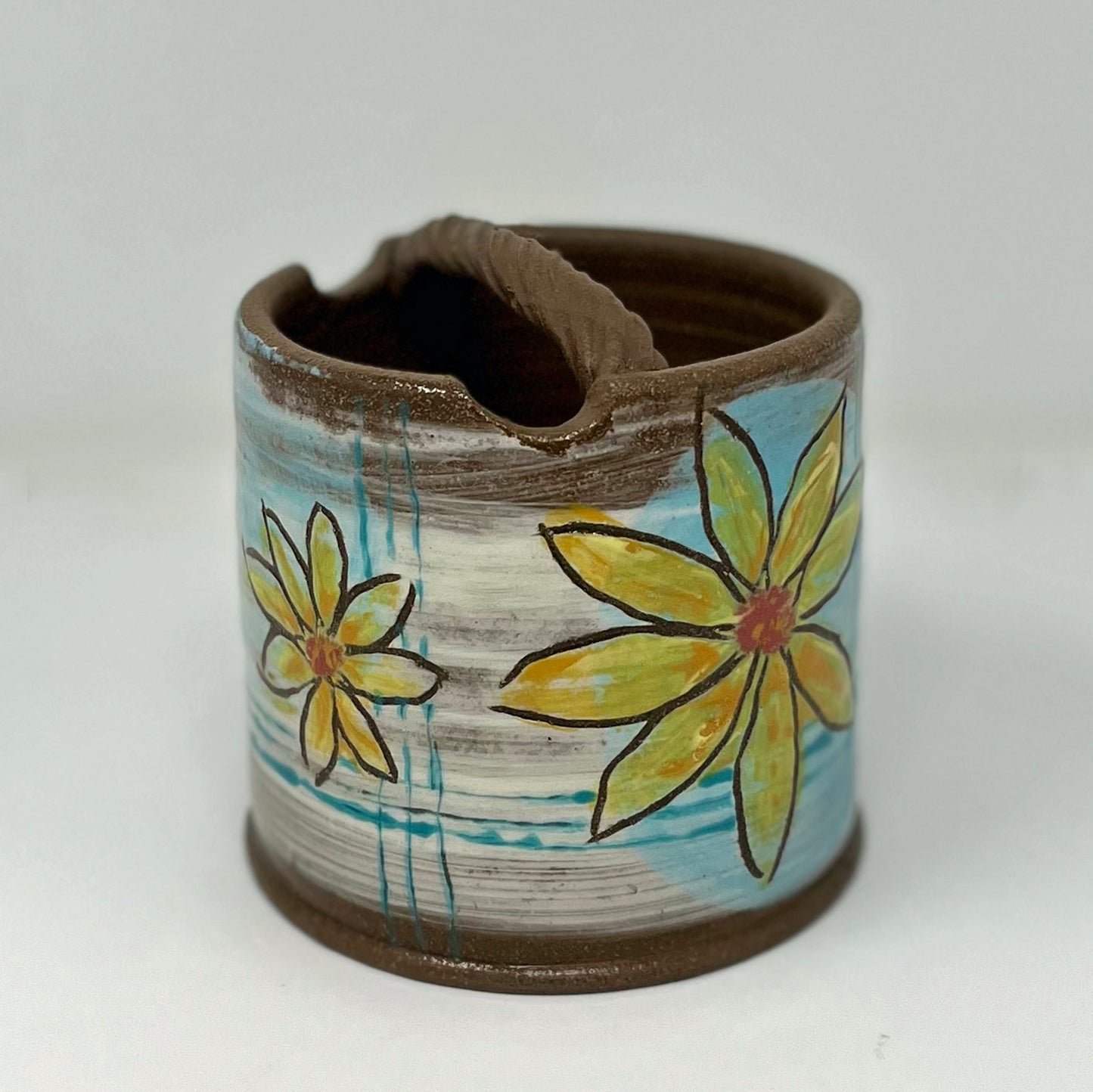 Yellow Flower on Blue Watercolor Brush Holder
