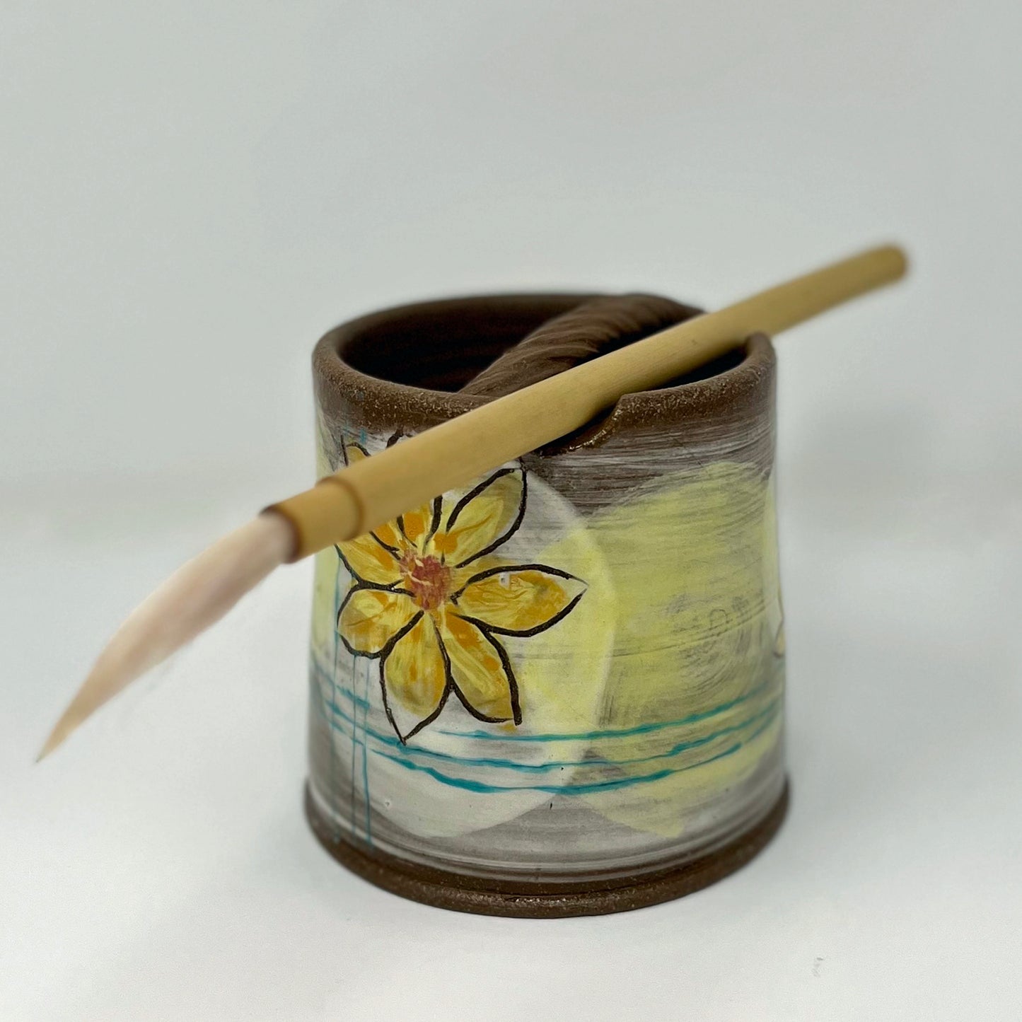 Yellow Flower on Green Watercolor Brush Holder