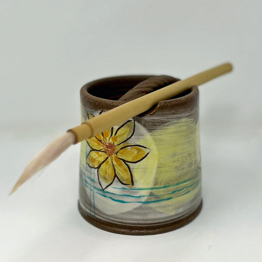 Yellow Flower on Green Watercolor Brush Holder