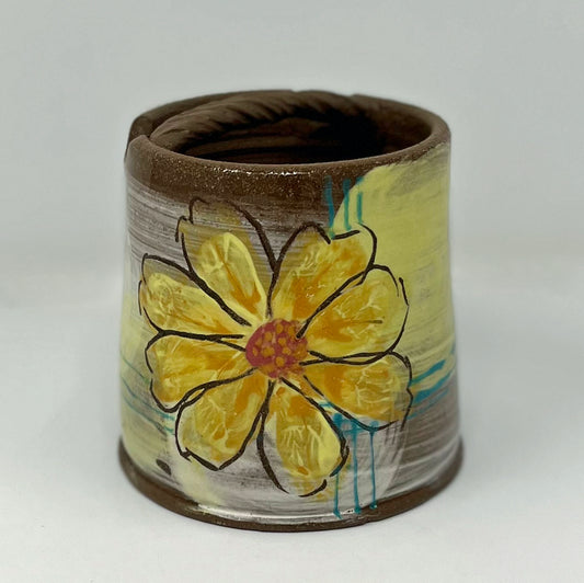 Yellow Flower on Green Watercolor Brush Holder