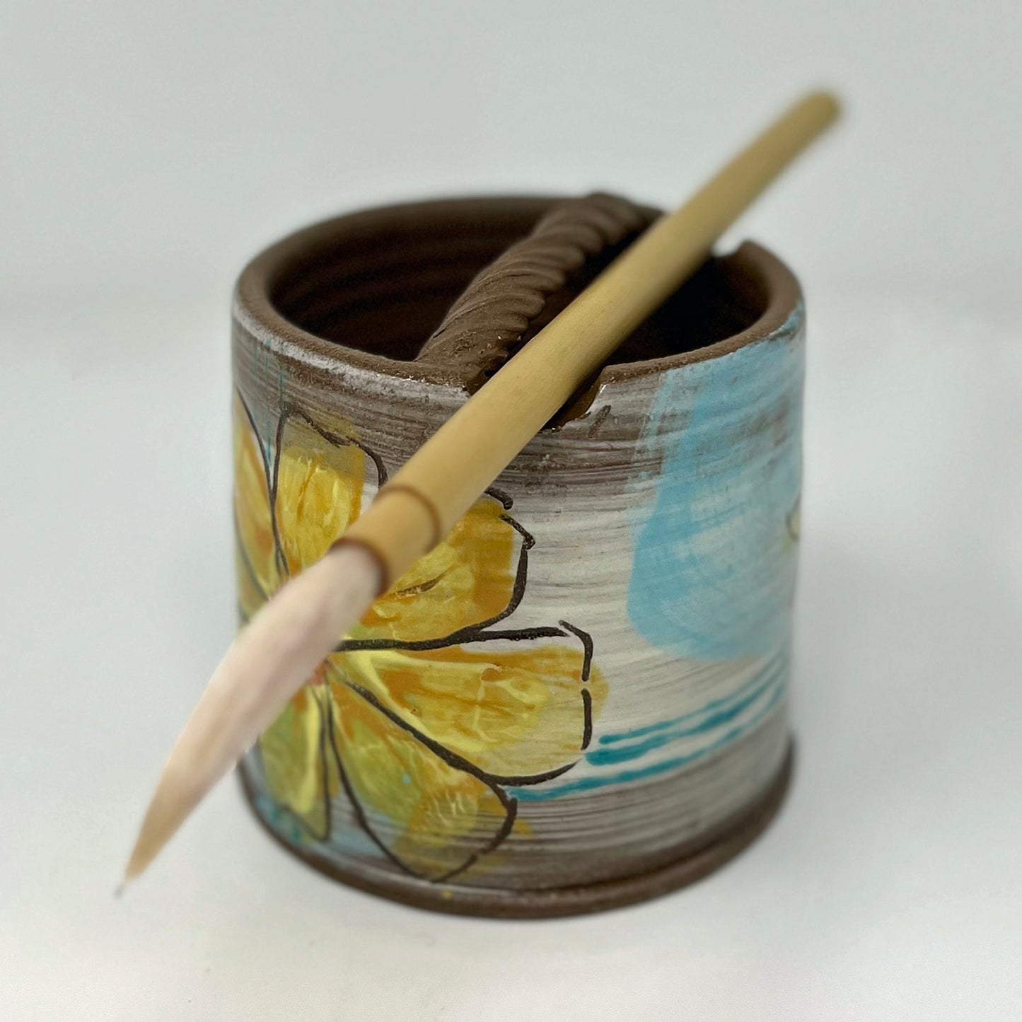 Yellow Flower on Blue Watercolor Brush Holder