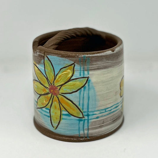 Yellow Flower on Blue Watercolor Brush Holder